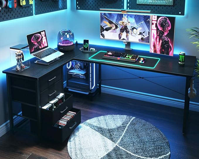 ODK 61'' L Shaped Desk with 4 Drawers, Reversible Corner Desk with Storage, Gaming Table with Power Outlets, USB Ports, PC Case Shelf, Computer Desk for Home Office, Study, Easy Assembly, Black