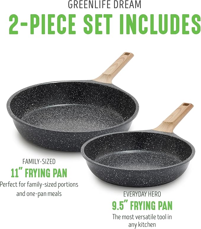 GreenLife Nonstick 2 Piece Frying Pan Set, 9.5" & 11" Skillets Ceramic PFAS-Free Nontoxic, Induction Suitable, Wood Print Handles, Stay-Cool Handles, Deep Cooking Skillets, Egg Pan, Granite Black