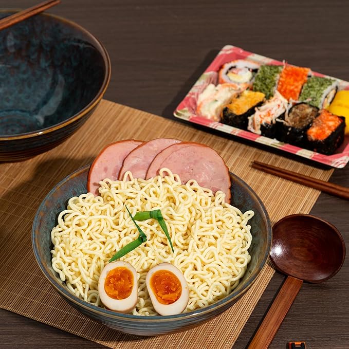 8 Inch Ceramic Ramen Bowl Set of 2, 40oz Japanese Bowls with Spoons & Chopsticks,Durable,Microwave & Dishwasher Safe,Perfect for Ramen,Pho,Salad,Soup,Noodles,Mixing bowls(Verdigris Green)