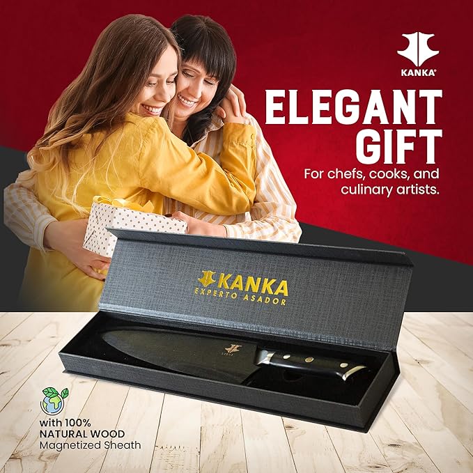 KANKA Chef Knife Damascus Steel 8" - 67 Layer Professional Steel, 10Cr Core, Razor-Sharp 62 HRC Edge, Ergonomic G-10 Fiberglass Handle, Wood Sheath INCLUDED – Chef Kitchen Knife for Precise Cutting