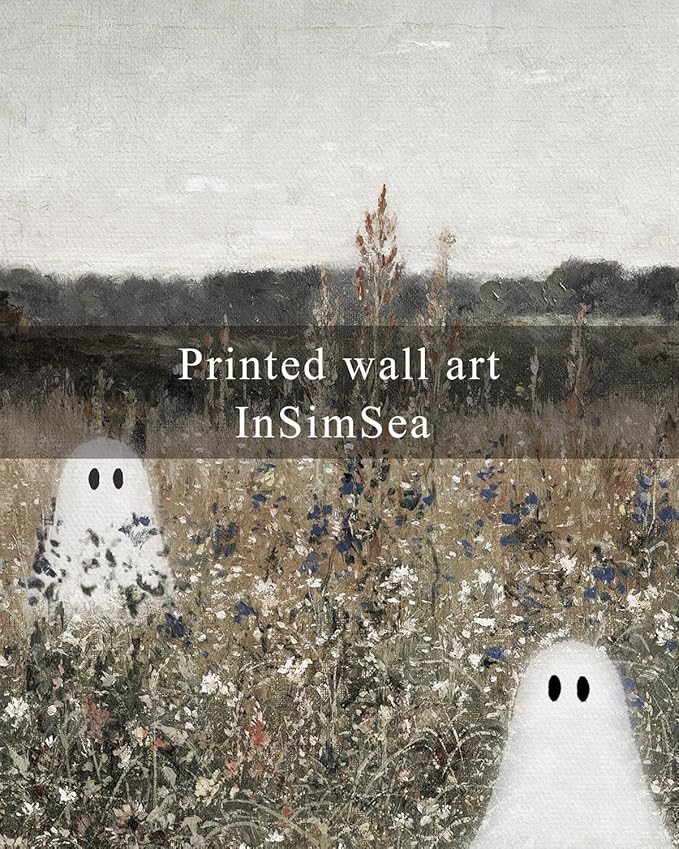 InSimSea Framed Canvas Prints Art Ghost Decor, Vintage Halloween Meadow with Flowers Painting, Spooky Gothic Decor, Rustic Landscape Pictures for Living Room, 12x16inch