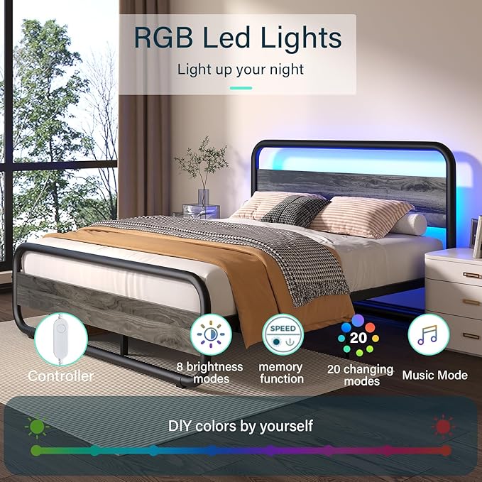 Catrimown Queen Bed Frame with Wood Headboard, Metal Bed Frame with Under Bed Storage, LED Platform Bed Frame with 20 Light Modes, Noise Free, No Box Spring Needed, Wash Gray