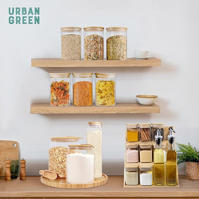 Urban Green Glass Storage Container Bamboo Lids, Glass Airtight Canisters sets, Food Jars, Pantry Organization and Storage Containers, Spice Jars, Flour Canisters of 6