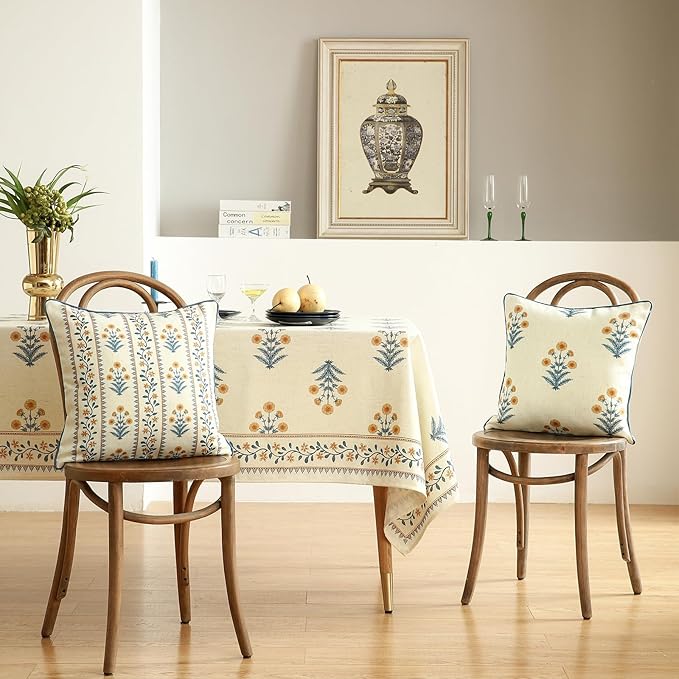 Design Square Simple Elegant Linen Throw Pillow Covers 18"x18" Pack of 2, Blue Yellow Floral Pattern Cushion Covers Decor Pillowcases for Bed,Living Room,Outdoor,Car