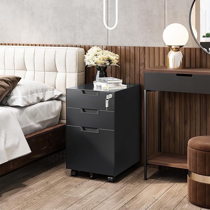 3 Drawer Vertical File Cabinet, Mobile Filling Cabinets with Lock for Legal/Letter Size, Pre-Built Office Storage File Cabinet with Wheels Under Desk - Fully Assembled