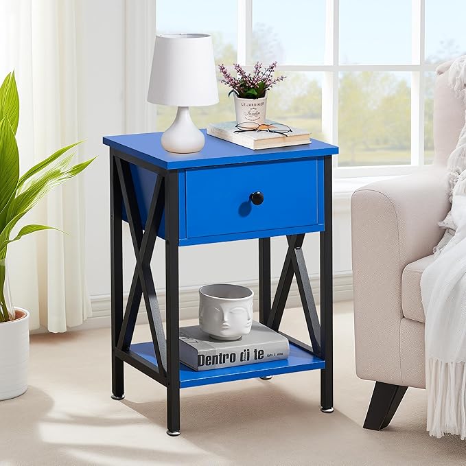 VECELO Nightstand,Modern Bedside End Table, Night Stand with Drawer and Storage Shelf for Living Room Bedroom, Industrial Metal Frame