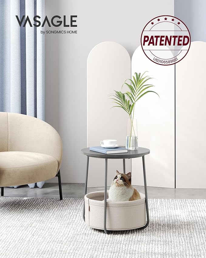VASAGLE Small Round Side End Table, Modern Nightstand with Fabric Basket, Cement Gray and Cream White ULET223G49