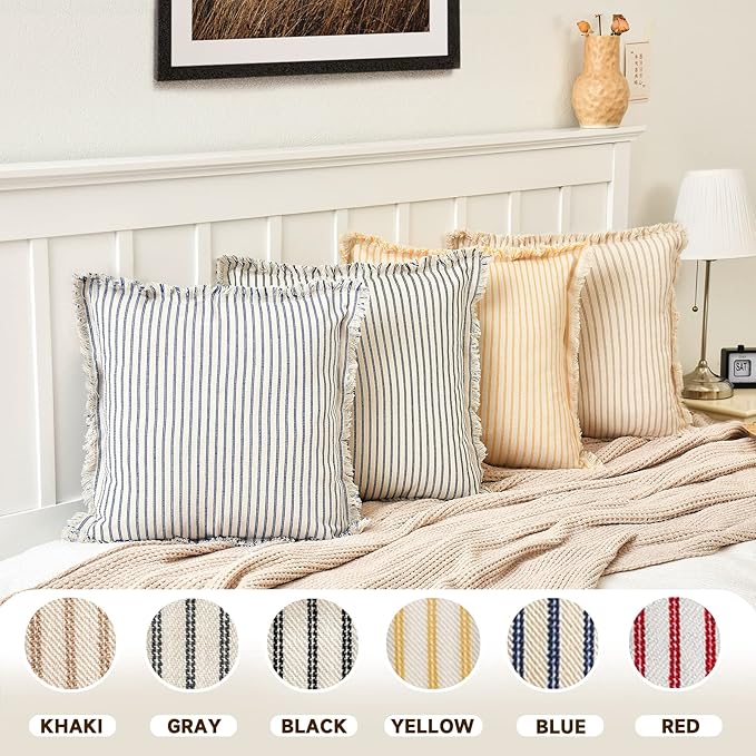 ZWJD Throw Pillow Covers 26x26 Set of 2 Striped Pillow Covers with Fringe Chic Cotton Decorative Pillows Square Cushion Covers for Sofa Couch Bed Living Room Farmhouse Decor
