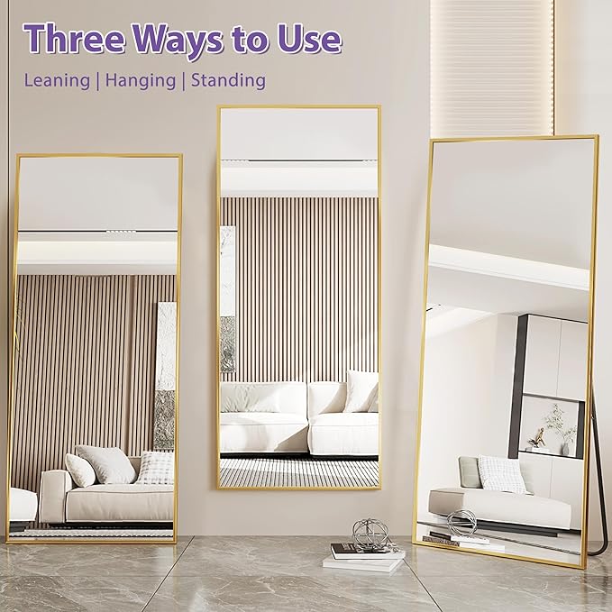 Full Length Mirror, 58"x21" Oversized Floor Mirror Freestanding, Full Body Mirror Floor Standing Mirrors with Stand, Hanging Mounted Mirrors for Bedroom Living Room, Gold, Rect Style