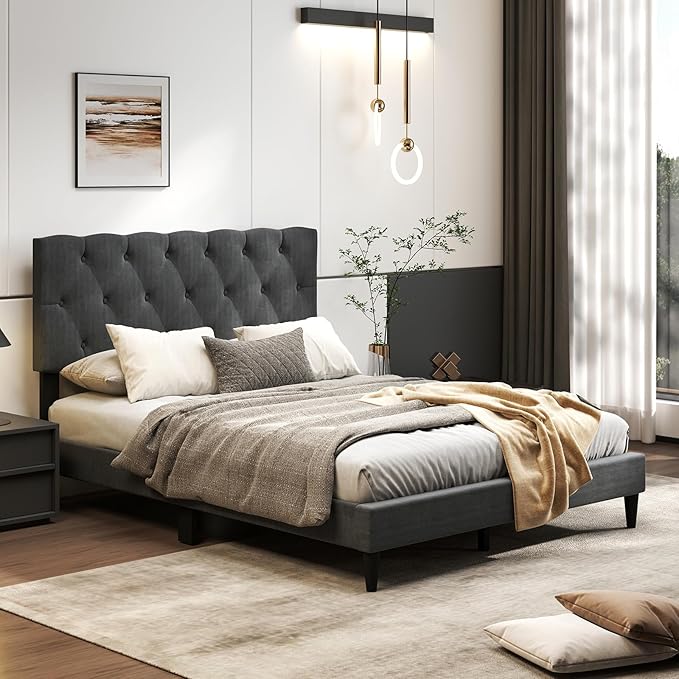 Giantex Full Size Platform Bed Frame, Modern Upholstered Bed Frame with Diamond Tufting Headboard, Wooden Slats Support, No Box Spring Needed, Gray