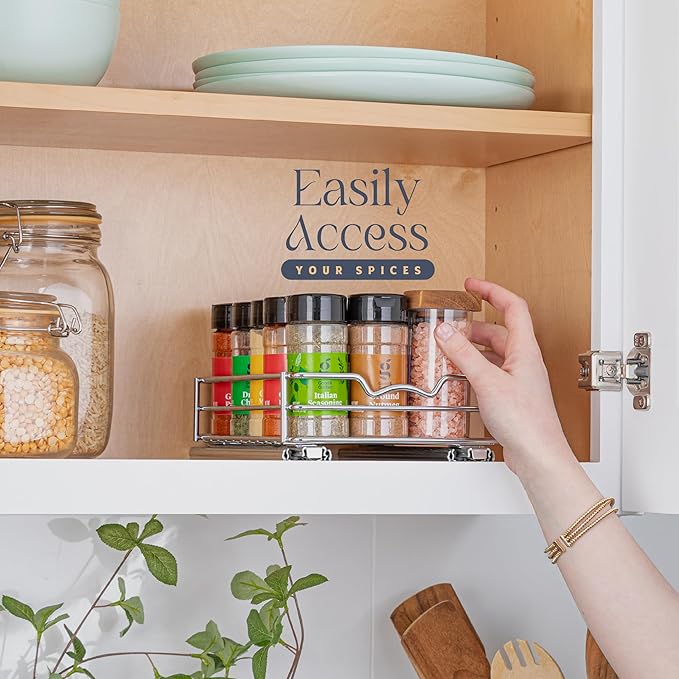 Pull Out Cabinet Organizer for Spices, Cans - Heavy Duty with Lifetime Limited Warranty- Pull Out Spice Rack- Cabinet Pull Out Shelf for Cans,Dishes, Etc, 6-1/2 "W x 10-1/2"D x 2-3/4”H, Chrome