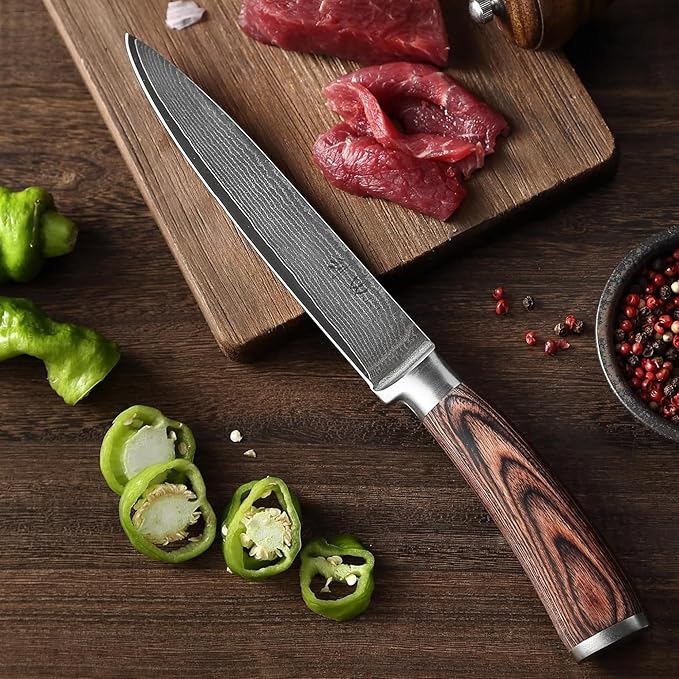 Wakoli EDIB Damascus Meat Knife – 7-inch blade made of 67 layers of Damascus steel with VG10 core, ergonomic Pakkawood Handle, for Meat, Fish, BBQ, Roasts & more – in Gift Box