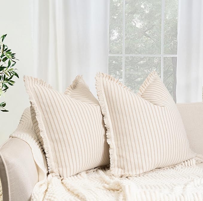 ZWJD Throw Pillow Covers 22x22 Set of 2 Striped Pillow Covers with Fringe Chic Cotton Decorative Pillows Square Cushion Covers for Sofa Couch Bed Living Room Farmhouse Decor