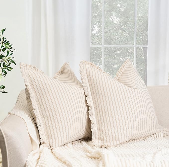 ZWJD Throw Pillow Covers 26x26 Set of 2 Striped Pillow Covers with Fringe Chic Cotton Decorative Pillows Square Cushion Covers for Sofa Couch Bed Living Room Farmhouse Decor