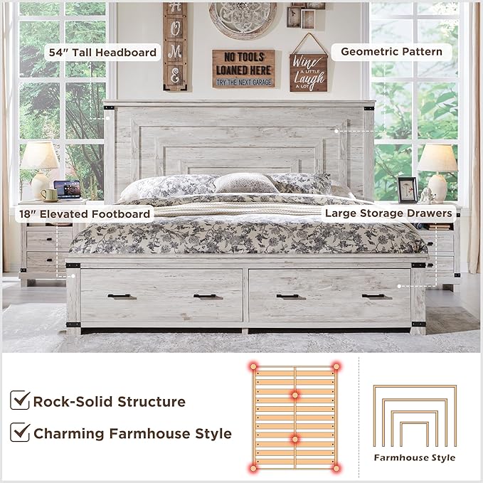 T4TREAM Farmhouse Queen Size Bed Frame with 54" Tall Geometric Headboard & 2 Large Storage Drawers, Rustic Wood Platform Bed with Wood Slats Support, No Box Spring Needed, Antique Brushed White
