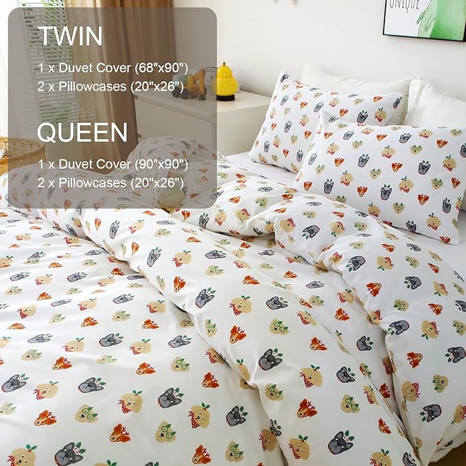 Ivellow Queen Duvet Cover Set Dog Animal White 100% Cotton Duvet Cover for Kids Cute Bedding Set 3Pcs Ultra Soft Breathable Kids Duvet Cover Patterned Cartoon Comforter Cover Boys Girls Toddler Teen