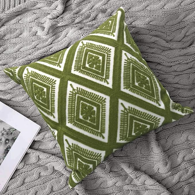 Alysheer Embroidered Decorative Throw Pillow Covers 18x18 inches Set of 2 Pieces, Boho Geometric Modern Chic Classic Pattern Cotton Cushion Cases for Sofa Couch Bed Living Room(Olive Green)