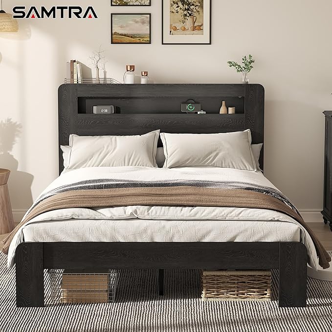 Wooden Bed Frame Queen Size with Storage Headboard - Farmhouse Platform Bed Frame with Bookcase Shelf & Led Lights, Sturdy Wood Slat Framework Bed Frame (Black LED)