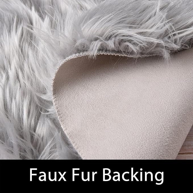 Latepis Gray Fluffy Circle Faux Fur Rug Round Rugs 4ft Sheepskin Rug for Bedroom Bedside Washable Rugs Soft Plush Shaggy Floor Carpet Luxury Home Decor