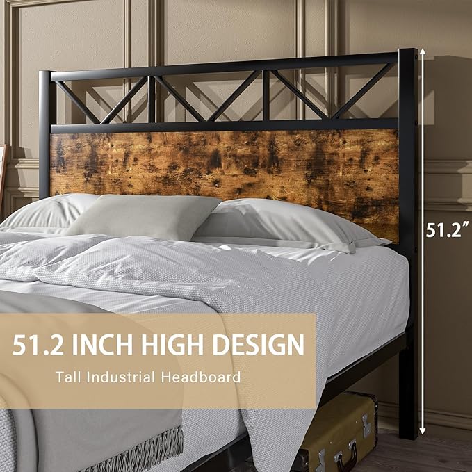 Queen Bed Frame with Headboard, Industrial 51.2" Tall Headboard, Queen Platform Bed Frame with Heavy Duty Metal Slats Support, No Box Spring Needed, Noise-Free, Easy Assembly, Rustic Brown