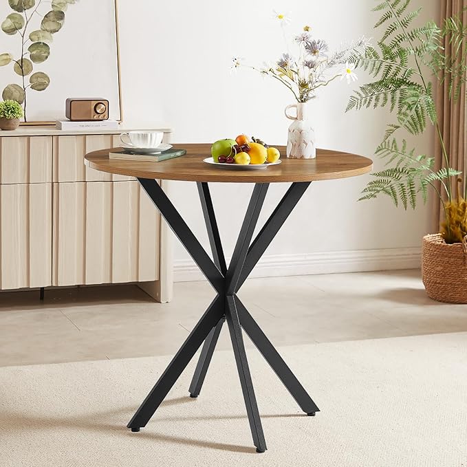 Unovivy 31.5" Small Round Dining Table for 2-4, Space Saving Circle Kitchen Dinner Table, Industrial Mid Century Modern Dining Room Desk for Kitchen, Apartment, Light Brown