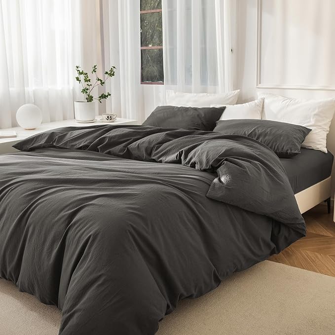 JIYUAN 100% Washed Cotton Duvet Cover Set 2 Pieces Twin, 1 Duvet Cover 68x90 Inches(Comforter Not Included) and 1 Pillowcases,Linen Feel Bedding Set Comfy and Breathable,Solid Dark Grey
