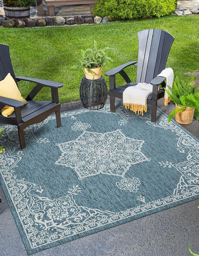 Unique Loom Outdoor Traditional Collection Area Rug - Antique (7' 10" Square Teal/Ivory)