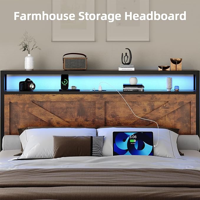 Full Size Bed Frame with LED Lights and Charging Station, Metal Platform Bed Frame Full with Storage and Rustic Barn Door Headboard, Noise Free, No Box Spring Needed, Easy Assembly, Rustic Brown