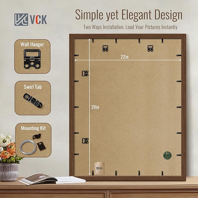 VCK 22x28 Poster Frame Set of 4 - Brown, Gallery-Quality Wood Picture Frames, 1.1-Inch Wide Border, Polished Plexiglass, Vertical or Horizontal Wall Display for Photo/Art/Prints, Brown