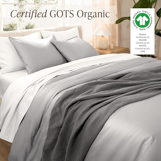 Bare Home 100% Organic Cotton Sateen Duvet Cover Set - 400 Thread Count - Smooth Sateen Weave - Warm & Luxurious - Duvet Cover (King/Cal King, Light Grey)