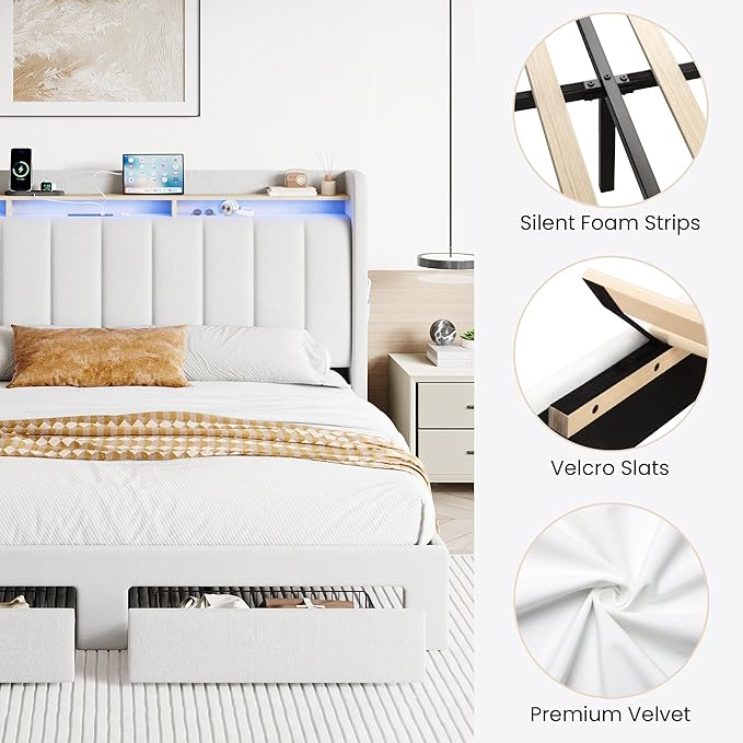 SHA CERLIN Velvet King Size Bed Frame with Vertical Channel Tufted Wingback Headboard & 2 Storage Drawers/2-Tier Shelves with LED Lights & Charging Station/Noise-Free/No Box Spring Needed/White