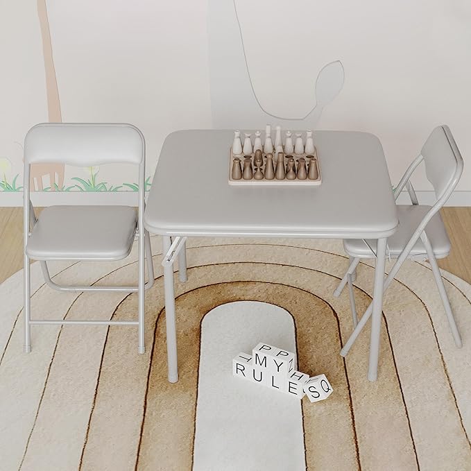 GarveeHome Boys and Girls Folding Table and Chair Set of 3, Featuring a Portable Table and Chairs with Soft Pu Cushions. No Assembly is Required, Perfect for Eating, Reading and Playing, Grey.