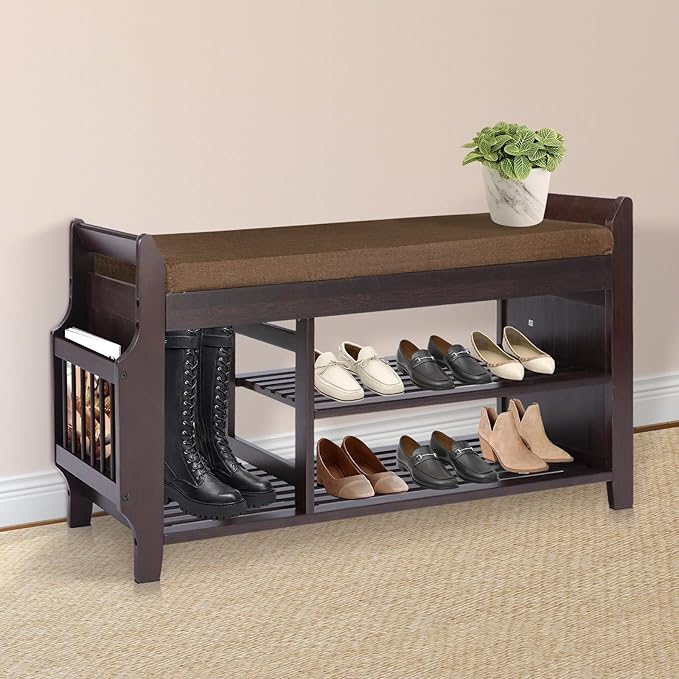 Bamboo Shoe Storage Bench, 3-Tier Shoe Rack with Padded Seat Cushion, Shoe Organizer Shelves for Entryway, Living Room, Bedroom, Hallway, Brown 39”