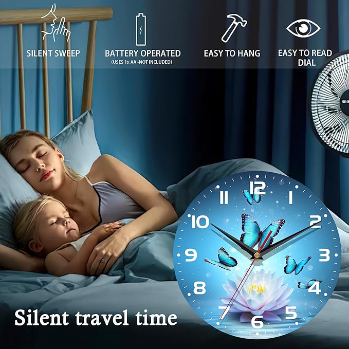 Wall Clock, 10 Inch Silent Non-Ticking Home Kitchen Decor, Battery Operated for Bathroom Bedroom Living Room Office(Magic Lotus Flower Butterfly)