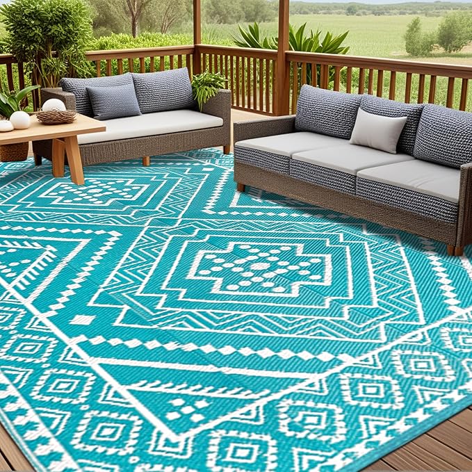 Waterproof Outdoor Rug 9x12 ft, Reversible Plastic Straw Mat, Large Floor Mat for Patio, Camping, Picnic, Backyard RV, Deck, Teal