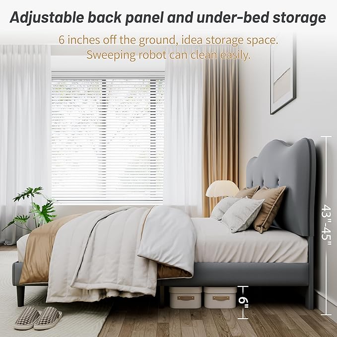 Queen Size Bed Frame, Upholstered Bed Frame with Headboard, Platform Bed Frame with Wood Slats Support, No Box Spring Needed, Adjustable Height Headboard, Dark Grey