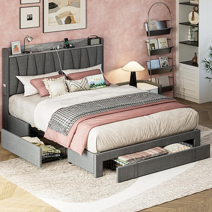 ANCTOR Full Size Bed Frame with 3 Drawers, Upholstered Platform Bed with Storage Headboard and Charging Station, No Box Spring Needed, Easy Assembly, Grey