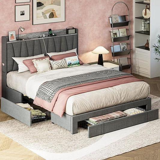 ANCTOR Full Size Bed Frame with 3 Drawers, Upholstered Platform Bed with Storage Headboard and Charging Station, No Box Spring Needed, Easy Assembly, Grey