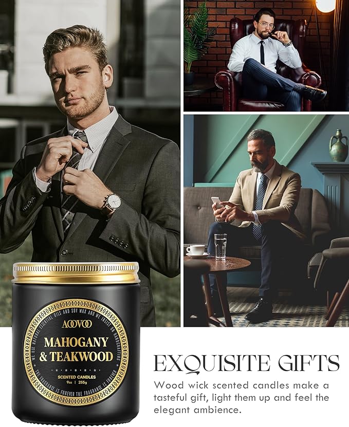 AOOVOO Scented Candles for Men - Mahogany & Teakwood Candles for Home Scented | Crackling Wood Wick Soy Candles | Strong Fragranced Masculine Black Candle Gift for Women & Men, 9oz
