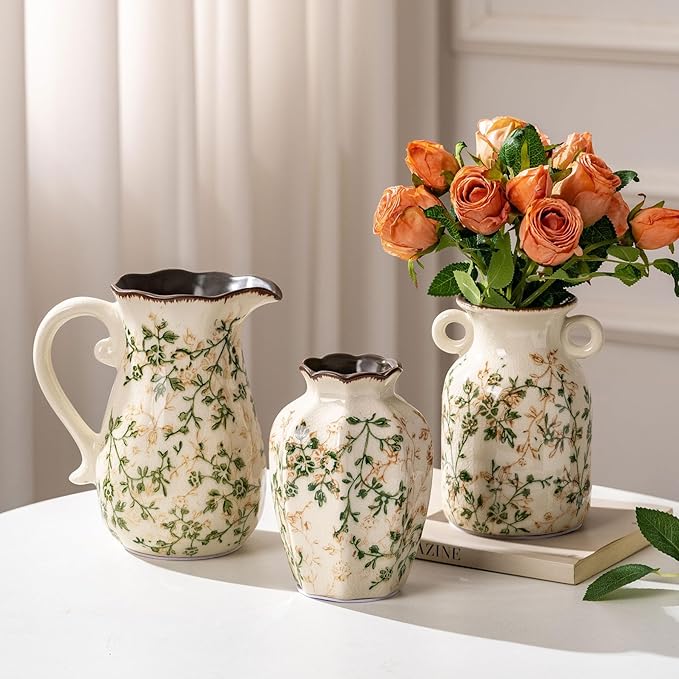 Ceramic Vases Set of 3, Green & Beige Chinoiserie Flower Pitcher Vase, Farmhouse Vintage Floral Vase Home Decor for Mantle, Fireplace, Kitchen Counter, Living Room Bookshelf Rustic Table Centerpiece