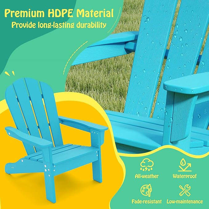 Giantex HDPE Kids Adirondack Chair - All-Weather Lawn Toddler Chair with Ergonomic Design, Children’s Outdoor Chair for Toddlers Ages 3-8, Kid’s Patio Furniture for Deck, Garden (4, Turquoise)