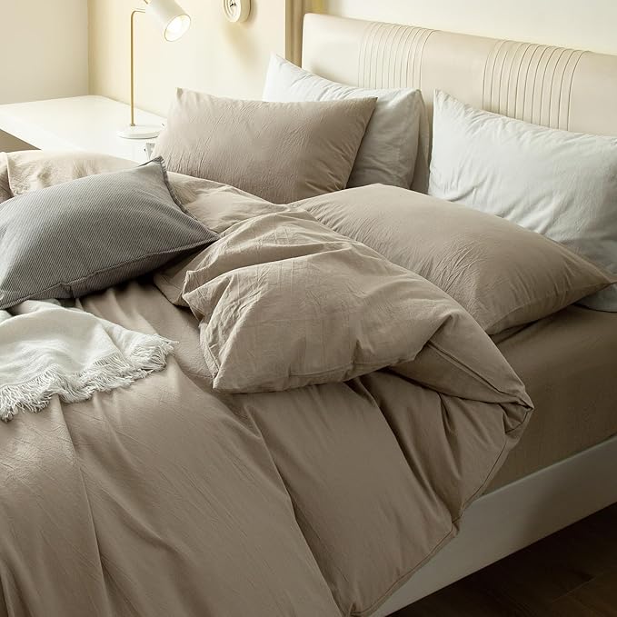 JIYUAN 100% Washed Cotton Duvet Cover Set 2 Pieces Twin, 1 Duvet Cover 68x90 Inches(Comforter Not Included) and 1 Pillowcases,Linen Feel Bedding Set Comfy and Breathable,Khaki
