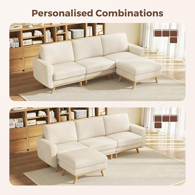 Vesgantti 97" Modular Sectional Sofa Beige, L-Shaped Couch with Movable Ottoman, Comfy Corduroy Couch with Spring Cushion, Modular Sofa with Deep Seat for Living Room, Bedroom and Apartment