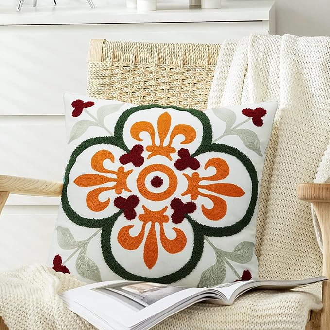 Merrycolor Boho Decorative Throw Pillow Cover 18x18 Colorful Embroidered Pillow Covers Textured Aesthetic Pillow Cases Bohemian Modern Farmhouse Pillow Covers for Couch Bed,1PC
