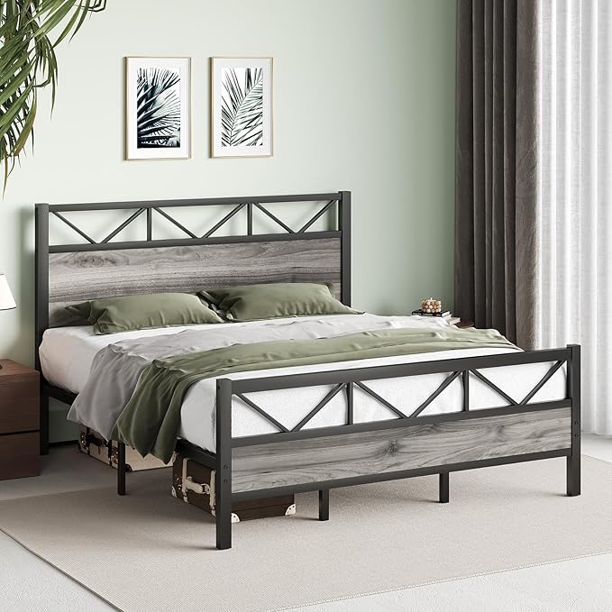 King Size Bed Frame, King Bed Frame and 51.2" Tall Industrial Headboard, King Platform Bed Frame with Strong Steel Slats Support, Noise Free, No Box Spring Needed, Easy Assembly, Rustic Brown