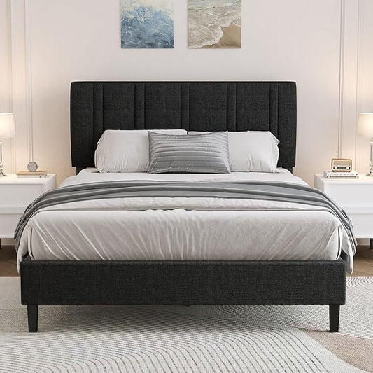 Queen Upholstered Platform Bed with Headboard and Storage, Fabric Queen Size Beds with Wooden Slats Support, No Box Spring Required, Easy Assembly, Black