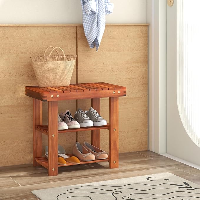 Tangkula Acacia Wood Shoe Rack Bench, 3 Tier Sturdy Bench, Storage Organizer, Holds up to 180lbs for Entryway, Bedroom, Living Room, Balcony, Teak Color (19-inch)