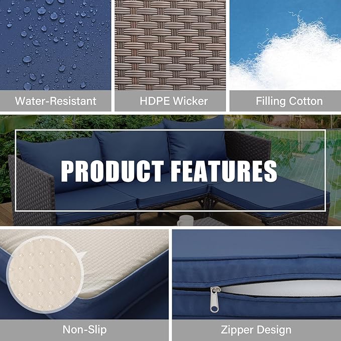 Valita Outdoor Furniture Set 3 Piece Patio Set Patio Conversation Sets Outdoor Sectional Sofa Patio Loveseat Coffee Table with Non-Slip Cushions, Navy Blue