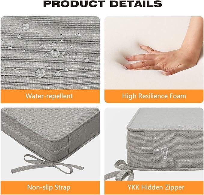 Sunbrella Square Corner Seat Cushions, 18.5" x 16" x 3", Set of 4, Indoor Outdoor Water Repellent Universal Chair Pads with Ties for Patio Furniture, Garden Dining Chairs, Specrtum Pebble