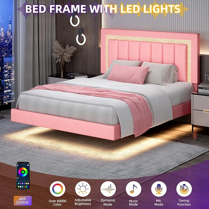 HOMBCK Floating Bed Frame Full with Smart LED Lights, Faux Leather Upholstered Platform Bed with Diamond PU Headboard, No Box Spring Needed, Noise-Free, Easy Assembly, Pink